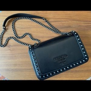Brand new, Authentic PRADA Pattina Glace Black Studded Calfskin Bag